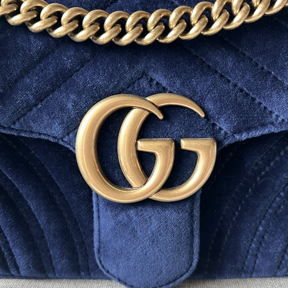 New Gucci GG Velvet Matelasse Small Marmont Shoulder Bag Cobalt Blue - Picture 9 of 17